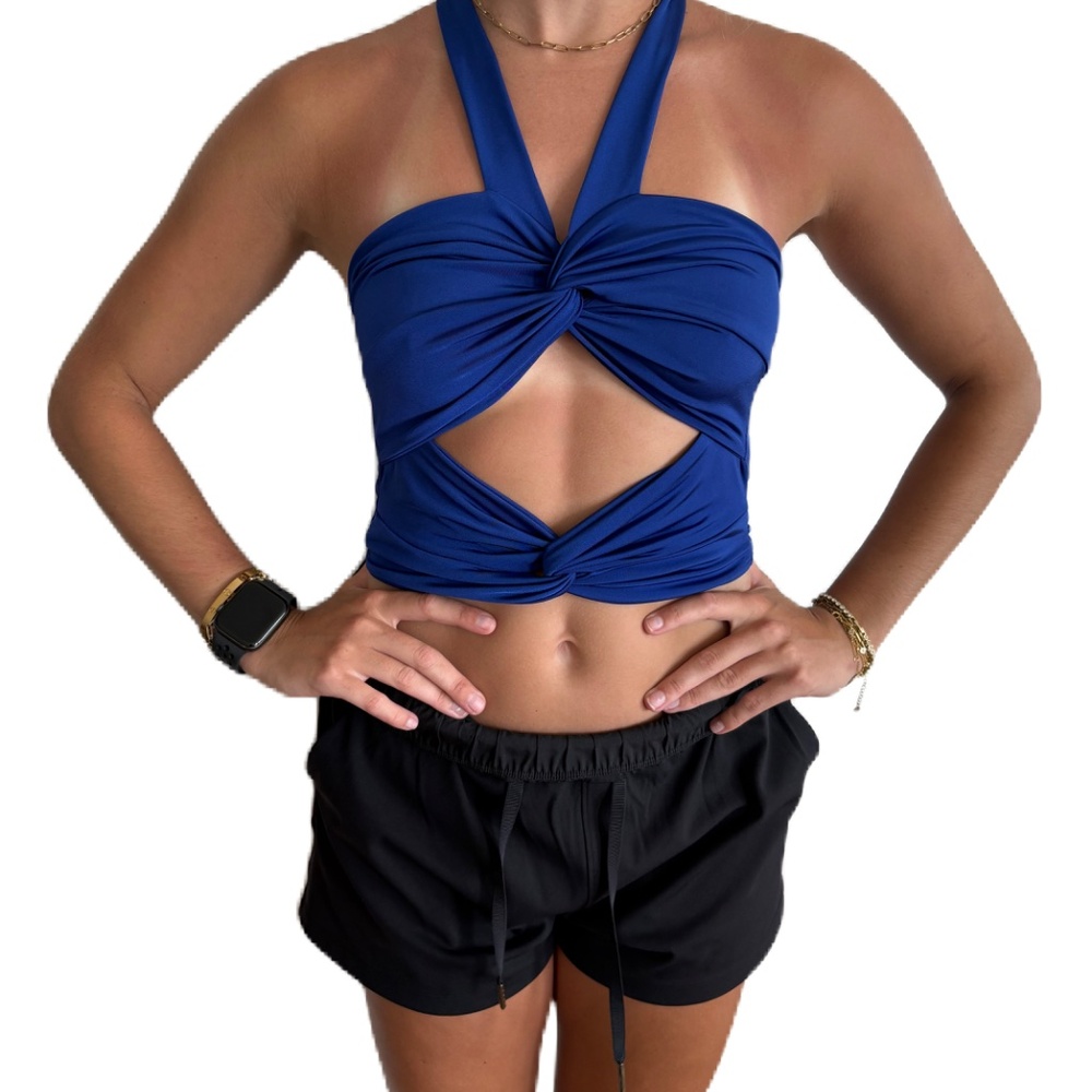 Forever 21 twisted knot cut out cropped top blue Small